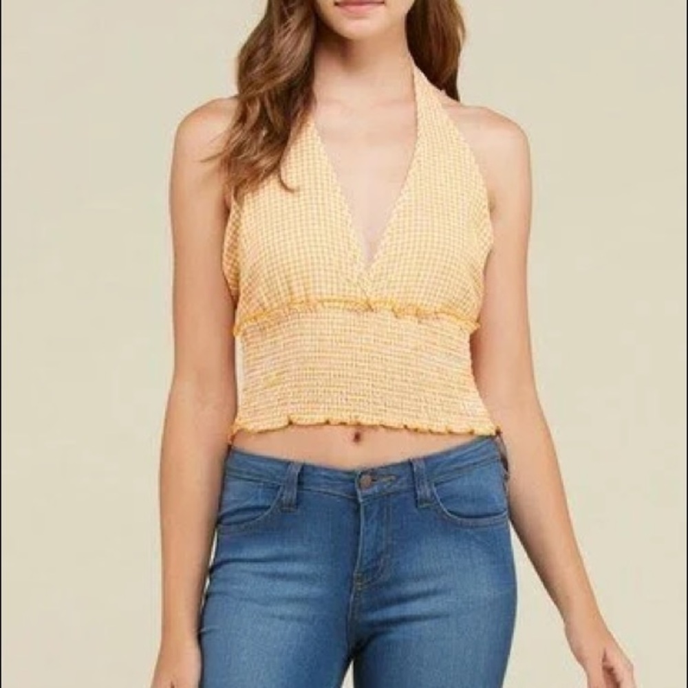 Festival Boho Plunge Gingham Halter Crop Top - Picture 3 of 3